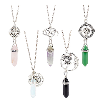 AHADERMAKER 5Pcs 5 Style Glass Imitation Gemstone Bullet Pendant Necklaces Set, Moon & Sun Zinc Alloy Jewelry for Women, Mixed Color, 18.39~20.87 inch(46.7~53cm), 1Pc/style