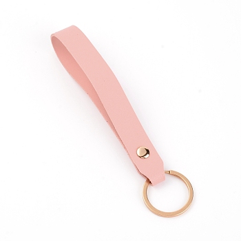 Imitation Leather Keychain Holder, with Light Gold Iron Ring, Rectangle, Pink, 155x15x5mm