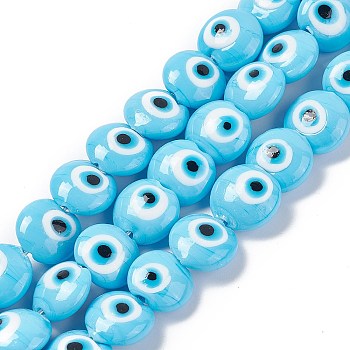 Handmade Evil Eye Lampwork Beads Strands, Flat Round, Deep Sky Blue, 14~15.5x8mm, Hole: 1~1.4mm, about 14pcs/strand, 12.60 inch(32cm)