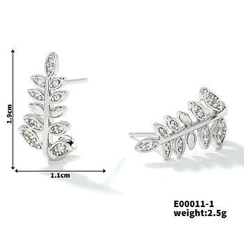 Fashionable and Versatile 3D Leaf Stud Earrings with Copper, Zirconia Stones, Platinum, 19x11mm