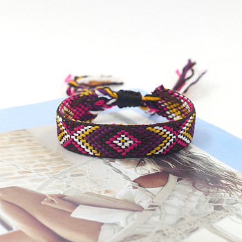 Polyester Braided Rhombus Pattern Cord Bracelet, Ethnic Tribal Adjustable Brazilian Bracelet for Women, Coconut Brown, 5-7/8 inch(15cm)
