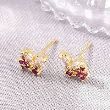 Brass Micro Pave Cubic Zirconia Stud Earrings for Women, Butterfly, Cadmium Free & Lead Free, Long-Lasting Plated, Rack Plating, Real 18K Gold Plated, Medium Violet Red, 7.5x8mm