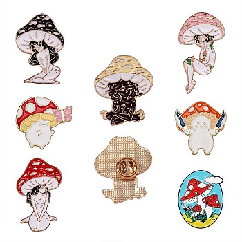 7Pcs 7 Style Mushroom Enamel Pin, Cartoon Alloy Brooch for Backpack Clothes, Light Gold, Mixed Color, 27~43x23~30x1.5~2mm, 1pc/style