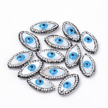 Natural Freshwater Shell Beads, with Polymer Clay Rhinestone, Horse Eye, 21~22x11~13x5mm, Hole: 1mm