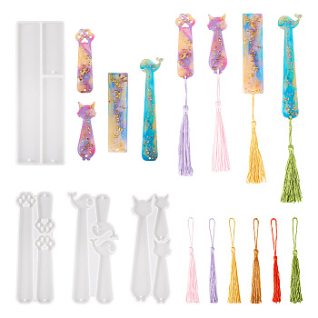 DIY Bookmark Making Kits, Including Cat/Whale/Paw Print Silicone Bookmark Pendant Molds, Polyester Tassel Decoration, Mixed Color, Molds: 157~185x54~71x5~5.5mm, Hole: 2.8mm, 4pc, Tassel: 130x6mm, 12pcs