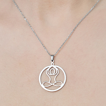 201 Stainless Steel Hollow Yoga Pendant Necklace, Stainless Steel Color, 17.72 inch(45cm)