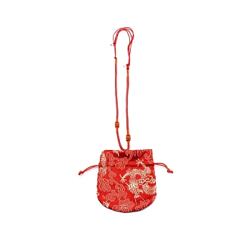 Chinese Brocade Sachet Coin Pouches, Drawstring Floral Embroidered Jewelry Bag Gift Pouches, for Women Girls, Red, 32cm