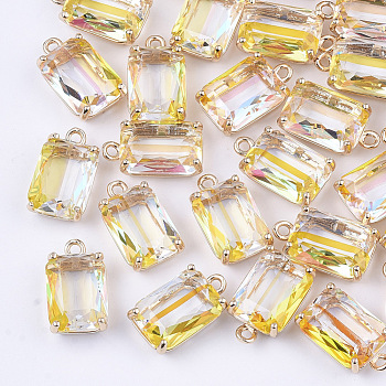 Transparent Glass Pendants, with Brass Findings, Faceted, Rectangle, AB Color Plated, Light Gold, Light Khaki, 17.5x10x6.5mm, Hole: 1.6mm