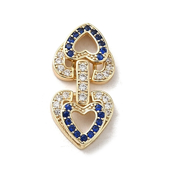 Brass Micro Pave Cubic Zirconia Fold Over Clasps, Heart, Real 18K Gold Plated, Medium Blue, 29x14x4.5mm