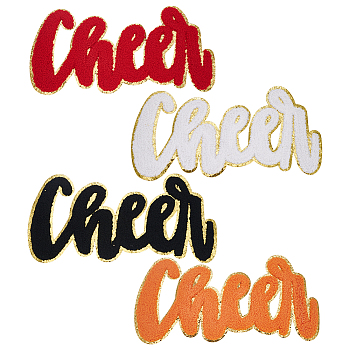 4Pcs 4 Colors Towel Embroider Thread Iron on/Sew On Patches, Cloth Appliques, Word Cheer, Mixed Color, 130x250x2.5mm, 1pc/color