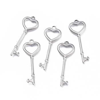 304 Stainless Steel Big Pendants, Heart Key, Stainless Steel Color, 50x18x2.5mm, Hole: 2.2mm