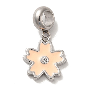 304 Stainless Steel Enamel European Dangle Charms, Large Hole Pendants with Crystal Rhinestone, Sakura, Stainless Steel Color, Wheat, 25mm, Pendant: 15x14x2.5mm, Hole: 4.5mm