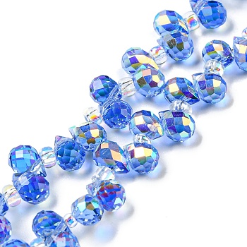 Electroplate Transparent Glass Beads Strands, AB Color Plated, Faceted Teardrop, Top Drilled, Royal Blue, 6x4mm, Hole: 0.8mm, about 97~102pcs/strand, 10.63''~14.80''(27~37.6cm)