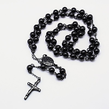 Men's Rosary Bead Necklace with Crucifix Cross, 304 Stainless Steel Necklace for Easter, Gunmetal, 21.7 inch(55cm)