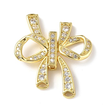 Rack Plating Brass Micro Pave Clear Cubic Zirconia Fold Over Clasps, Bowknot, Real 18K Gold Plated, 31x24x5mm, Hole: 1x1.4mm