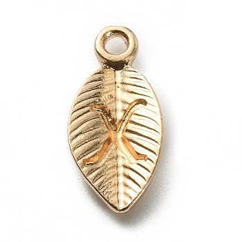 Alloy Pendants, Leaf with Letter Charm, Light Gold, Letter.X, 15.5x7.5x2.5mm, Hole: 1.5mm