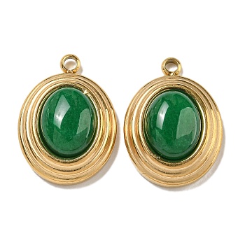 Natural Green Jade Dyed Pendants, 304 Stainless Steel Oval Charms, Golden, 19x14x7mm, Hole: 1.8mm