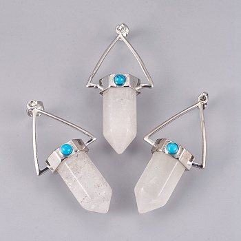 Natural Quartz Crystal Pointed Pendants, Rock Crystal Pendants, with Brass Findings, Bullet, Platinum, 53.5x27x17.5mm, Hole: 4.5x7.5mm