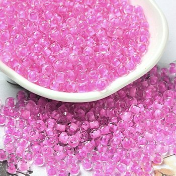 Transparent Glass Round Seed Beads, Inside Colours, Round, Magenta, 6/0, 4x3mm, Hole: 1.2mm, about 7258pcs/pound