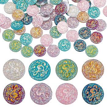 128Pcs 8 Colors Resin Cabochons, with Giltter Powder, AB Color, Flat Round with Musical Note Pattern, Mixed Color, 9.5x2mm, about 16pcs/color