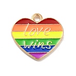 Pride Rainbow Alloy Enamel Pendants, Heart with Word Love Wins, Light Gold, Colorful, 16.5x17.5x1.5mm, Hole: 1.5mm(ENAM-G208-07KCG)