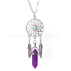 Platinum Aolly Web with Feather Shape Alloy Pendant Necklace, Natural Amethyst Bullet Necklace, 17.72 inch(45cm)(PW-WG42683-03)