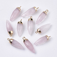 Top Golden Plated Natural Rose Quartz Pointed Pendants, with Iron Loops, Faceted, Bullet, 25~26x7~8mm, Hole: 1.8mm(G-S359-078E)
