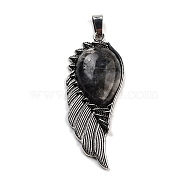 Natural Larvikite Big Pendants, Wing Charms with Alloy Findings, Antique Silver, 56.5~57x22.5~23x7~8mm, Hole: 4x8.5mm(G-G112-02AS-06)
