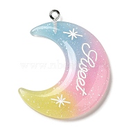 Gradient Color Translucent Resin Pendants, Glitter Moon Charms with Platinum Tone Iron Loops, Pink, 40x34x5mm, Hole: 2mm(FIND-Z006-03D)