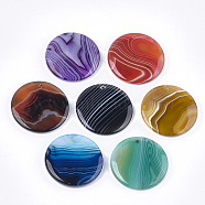 Natural Banded Agate/Striped Agate Pendants, Dyed, Flat Round, Mixed Color, 40x7mm, Hole: 1.8mm(G-T105-41)