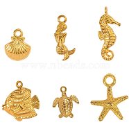 Tibetan Style Alloy Pendants, Starfish & Turtle & Sea Horse & Shell & Fish & Mermaid, Golden, 7.4x7.2x1.7cm, 120pcs/box(TIBE-PH0004-72)