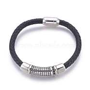 Leather Braided Cord Bracelets, with Stainless Steel Magnetic Clasps and Tube Beads, Antique Silver & Stainless Steel Color, 8-1/2 inch(21.7cm), 6mm(BJEW-E350-03A)