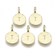 Alloy Pendants, Cadmium Free & Nickel Free & Lead Free, Flat Round with Letter, Real 18K Gold Plated, Letter.T, 17x11.5x1.5mm, Hole: 2.5mm(X-PALLOY-N157-004T-NR)