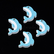 Printed Natural Wooden Beads, Dyed, Dolphin, Light Sky Blue, 20x19x5.5mm, Hole: 2mm(WOOD-S055-27)