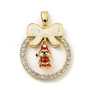 Christmas Brass Micro Pave Cubic Zirconia Pendant, with Enamel and Synthetic Opal, Christmas Wreath, Seashell Color, 25.5x22.5x5.5mm, Hole: 5x3mm(KK-H468-01B-01G)