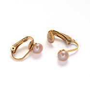 Golden Tone 304 Stainless Steel Freshwater Pearl Clip-on Earrings, PeachPuff, 16x4x14mm(EJEW-M188-09B)