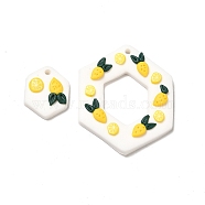 Handmade Polymer Clay Pendants Sets, Hexagon with Lemon & Strawberry, Yellow, 36x30x5mm, Hole: 1.8mm, 2pcs/set(CLAY-B003-03)