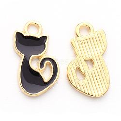 Alloy Enamel Charms, Cat Shape, Light Gold, Black, 15x8x1.5mm, Hole: 1.6mm(ENAM-S121-032D)