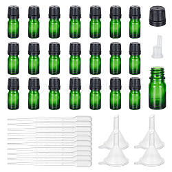 24 Sets Empty Glass Essential Oil Bottles, with Dropping Plug, 10Pcs Plastic Dropper & 4Pcs Funnel Hopper, Dark Green, Finished: 2.2x5.4cm, Capacity: 5ml(0.17fl. oz)(MRMJ-BC0003-37A)