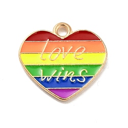 Pride Rainbow Alloy Enamel Pendants, Heart with Word Love Wins, Light Gold, Colorful, 16.5x17.5x1.5mm, Hole: 1.5mm(ENAM-G208-07KCG)