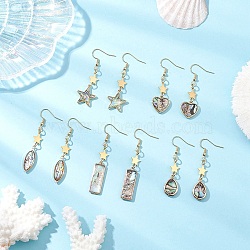 5 Pairs 5 Styles Brass Enamel Dangle Earrings, with Imitation Abalone Shell & 304 Stainless Steel, Mixed Shapes, Golden, 48~60x8~16.5mm(EJEW-JE06570)