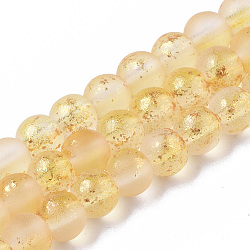 Frosted Spray Painted Glass Beads Strands, with Golden Foil, Round, Gold, 4~5mm, Hole: 0.9~1.2mm, about 95~103pcs/Strand, 13.78 inch~14.88 inch(35~37.8cm)(GLAA-N035-03A-C08)