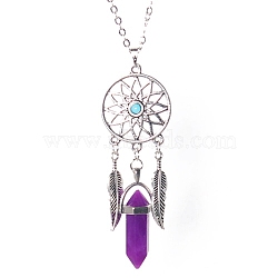 Platinum Aolly Web with Feather Shape Alloy Pendant Necklace, Natural Amethyst Bullet Necklace, 17.72 inch(45cm)(PW-WG42683-03)