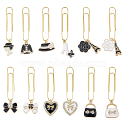 24Pcs 12 Style Iron Oval Long Paper Clips, Vintage Bookmarks, with Alloy Enamel Pendants, Heart/Bag/Flower, Golden, 69~74mm, 2pcs/style(AJEW-AB00175)