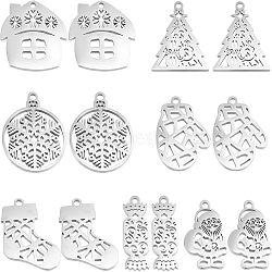 CHGCRAFT 14Pcs 7 Style 201 Stainless Steel Pendants, Laser Cut, Christmas Mixed shape, Stainless Steel Color, 17~19x6.5~17.5x1mm, Hole: 1.4mm, 2pcs/style(STAS-CA0001-51)