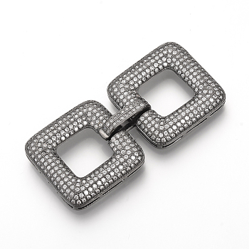 Brass Micro Pave Cubic Zirconia Fold Over Clasps, Square, Gunmetal, 50x24x5mm, Hole: 11x11mm