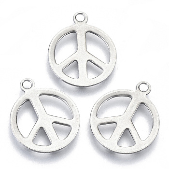 201 Stainless Steel Charms, Laser Cut, Peace Sign, Stainless Steel Color, 17x14x0.7mm, Hole: 1.6mm