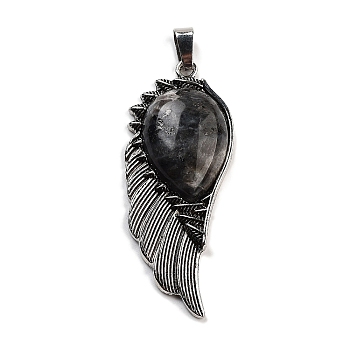 Natural Larvikite Big Pendants, Wing Charms with Alloy Findings, Antique Silver, 56.5~57x22.5~23x7~8mm, Hole: 4x8.5mm