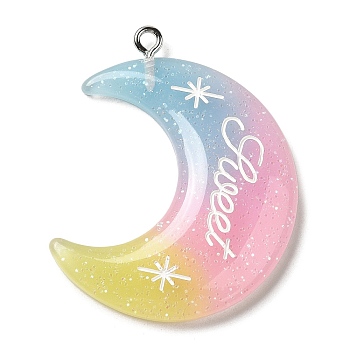 Gradient Color Translucent Resin Pendants, Glitter Moon Charms with Platinum Tone Iron Loops, Pink, 40x34x5mm, Hole: 2mm