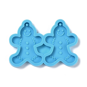 Christmas Theme DIY Pendant Silicone Statue Molds, for Earring Making, Resin Casting Molds, For UV Resin, Epoxy Resin Jewelry Making, Gingerbread Man, Deep Sky Blue, 43x63x4mm, Hole: 2mm, Inner Diameter: 37x28mm